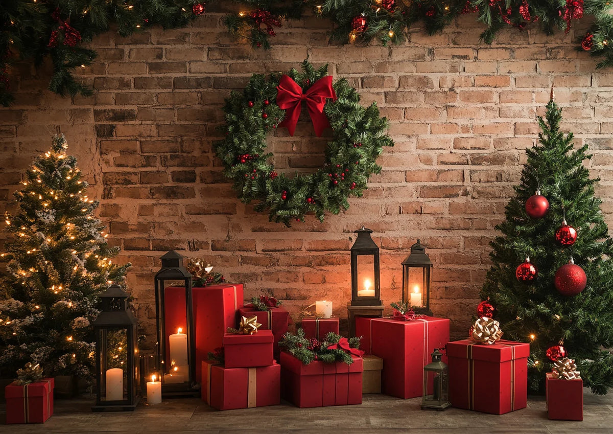 Christmas Background Happy New Year Party Xmas Tree Brick Wall Decoration Adult Children Portrait Photo Backdrop Banner