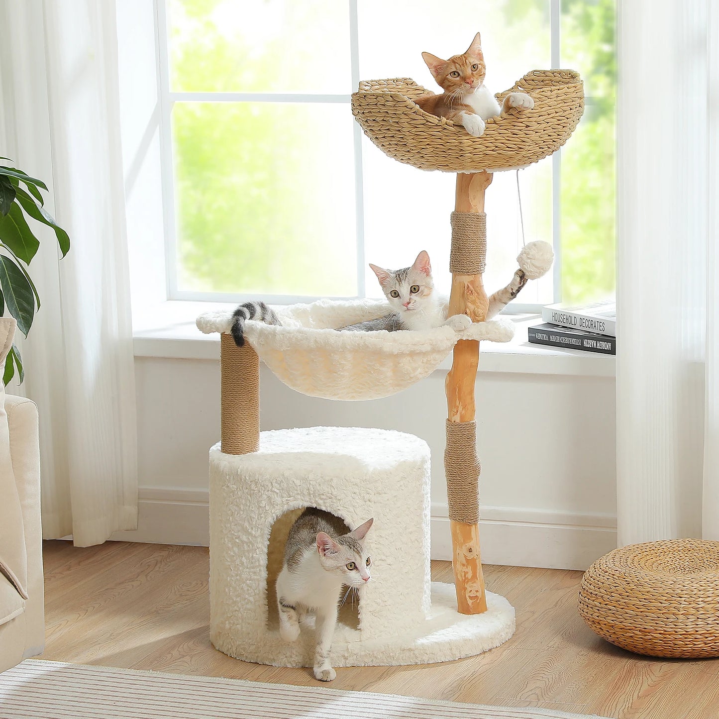 Pawz Road Modern Cat Tree With Solid Wood Wicker Basket