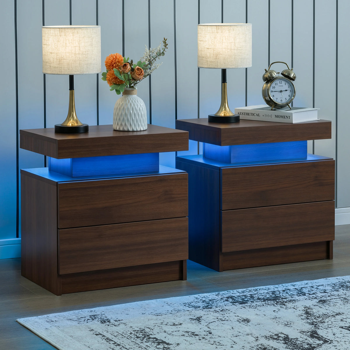 Cubehom Nightstand Set Of 2 With LED Drawers Bedside Tables