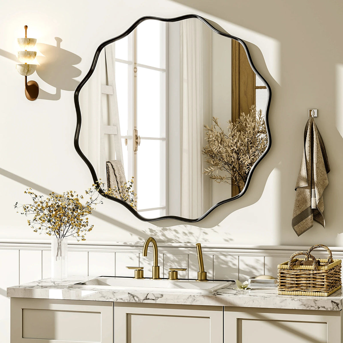 Wavy Round Bathroom Mirror Decorative Wall Mirror with Deep Frame