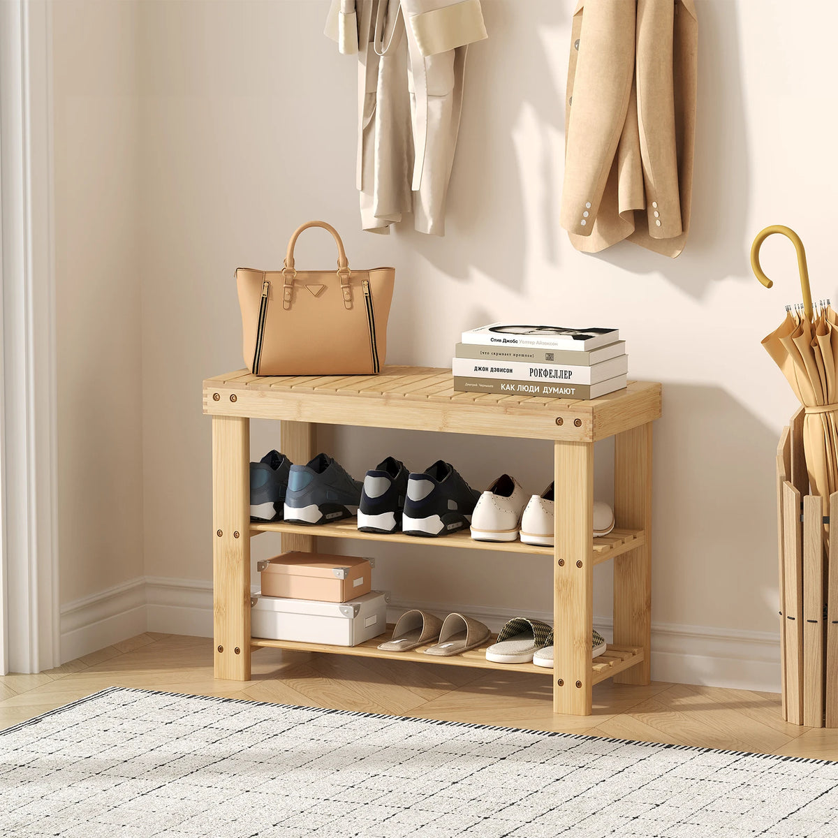 MCQ Three Tier Bamboo Shoe Cabinet With Bench