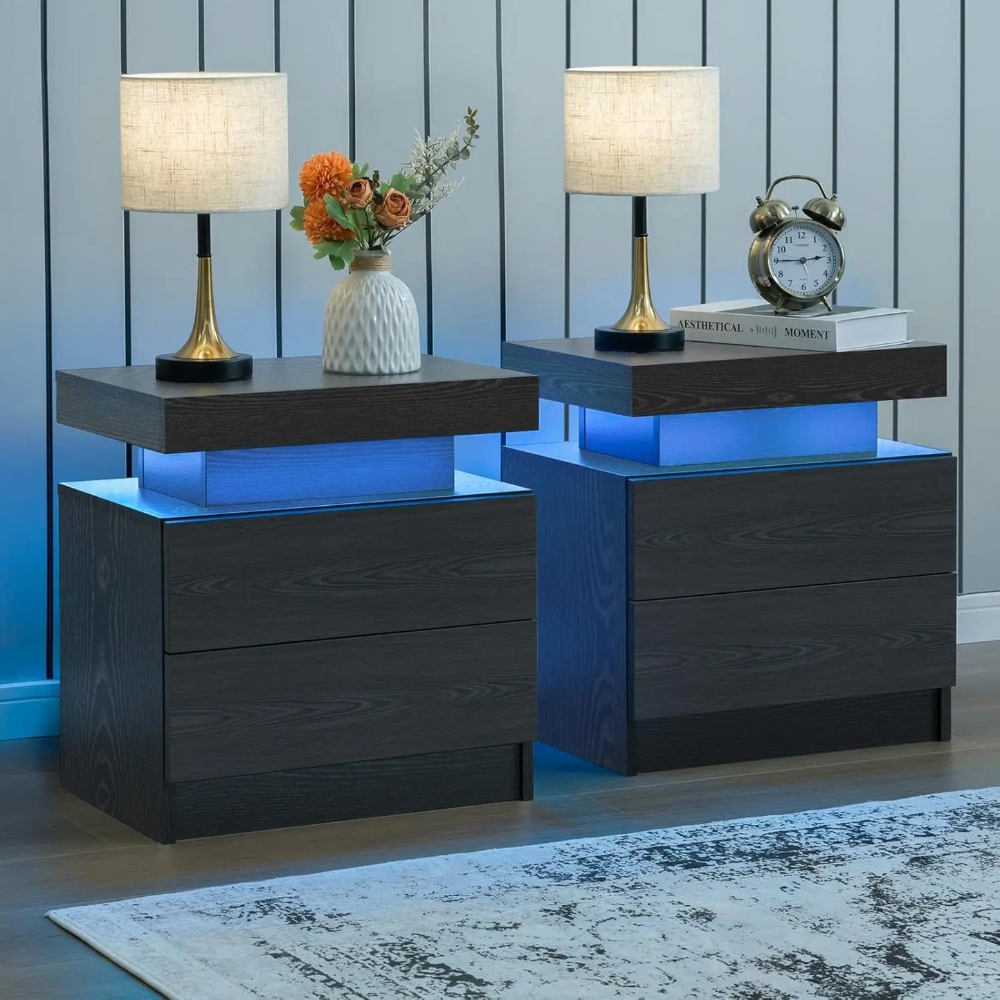 Cubehom Nightstand Set Of 2 With LED Drawers Bedside Tables
