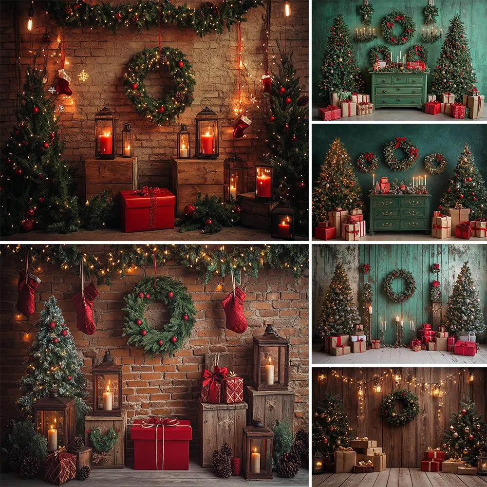 Christmas Background Happy New Year Party Xmas Tree Brick Wall Decoration Adult Children Portrait Photo Backdrop Banner