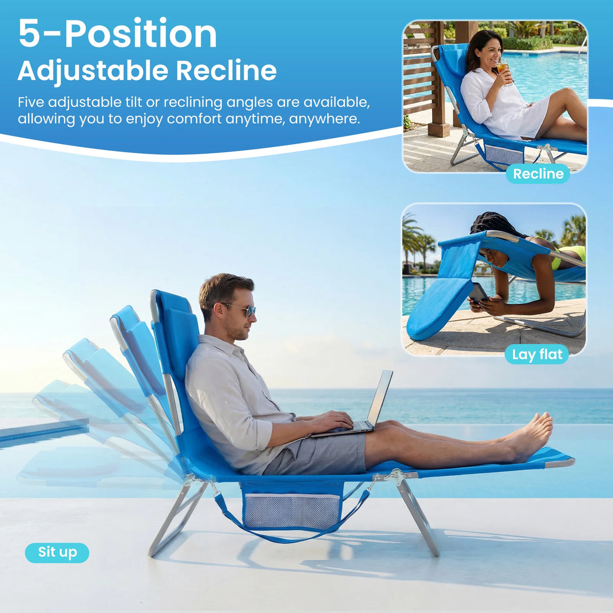 JHK Adjustable Recline Beach Lounge Chair With Face Holes