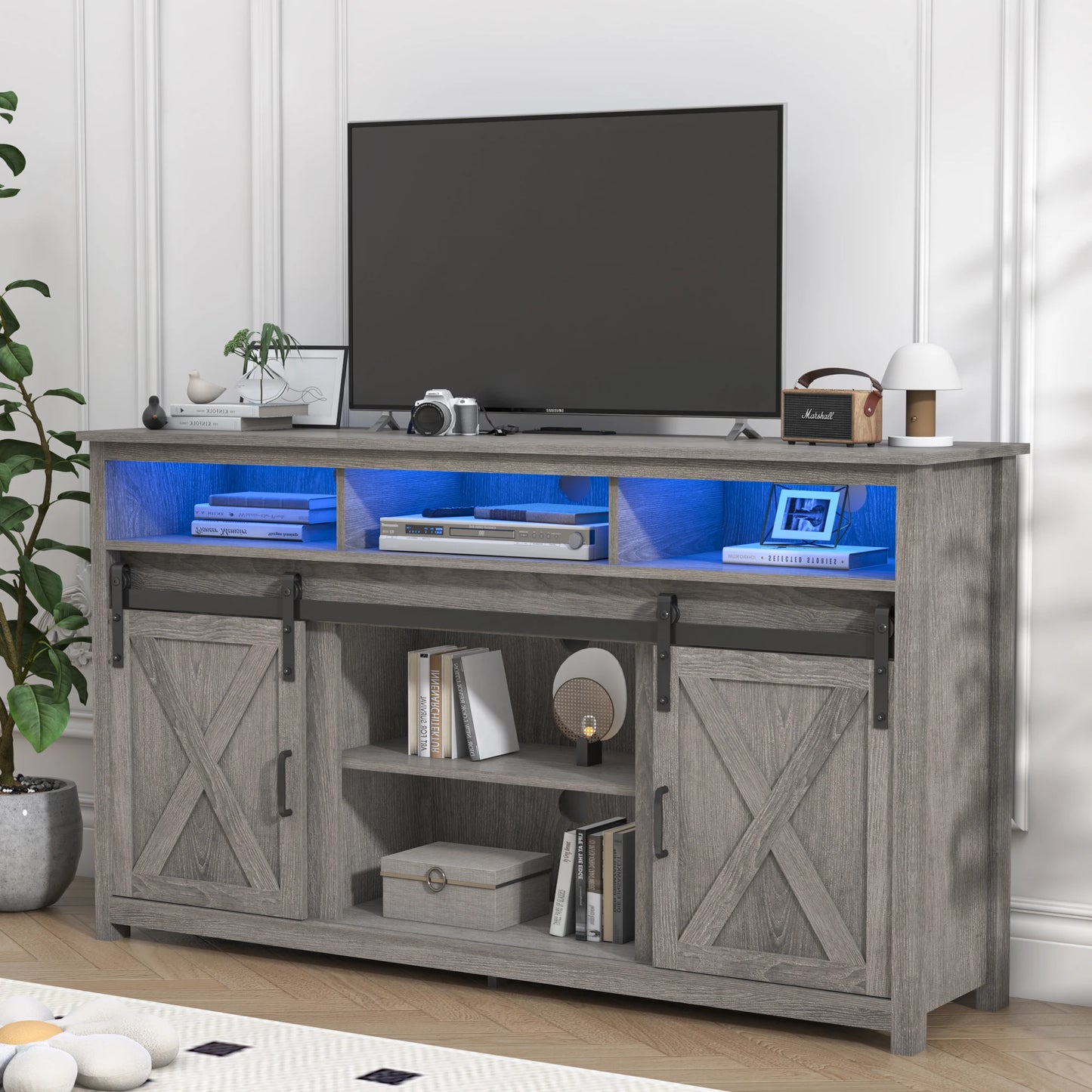 QiaoShiRen TV Stand Farmhouse Rustic Barn Door Cabinet