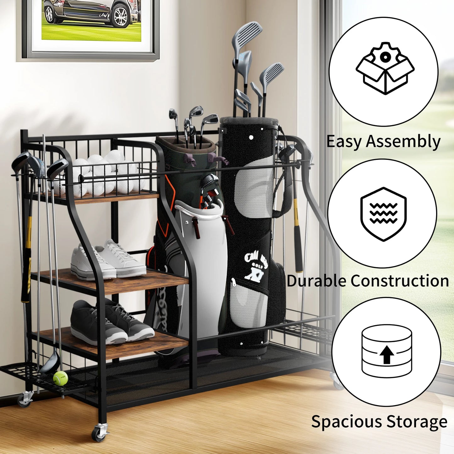Metal Rolling Golf Bag Storage Rack With Wheels