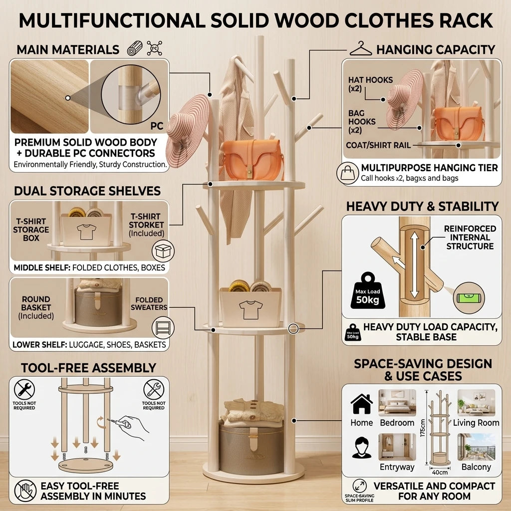 Multifunction Solid Wood Clothes Rack Organizer