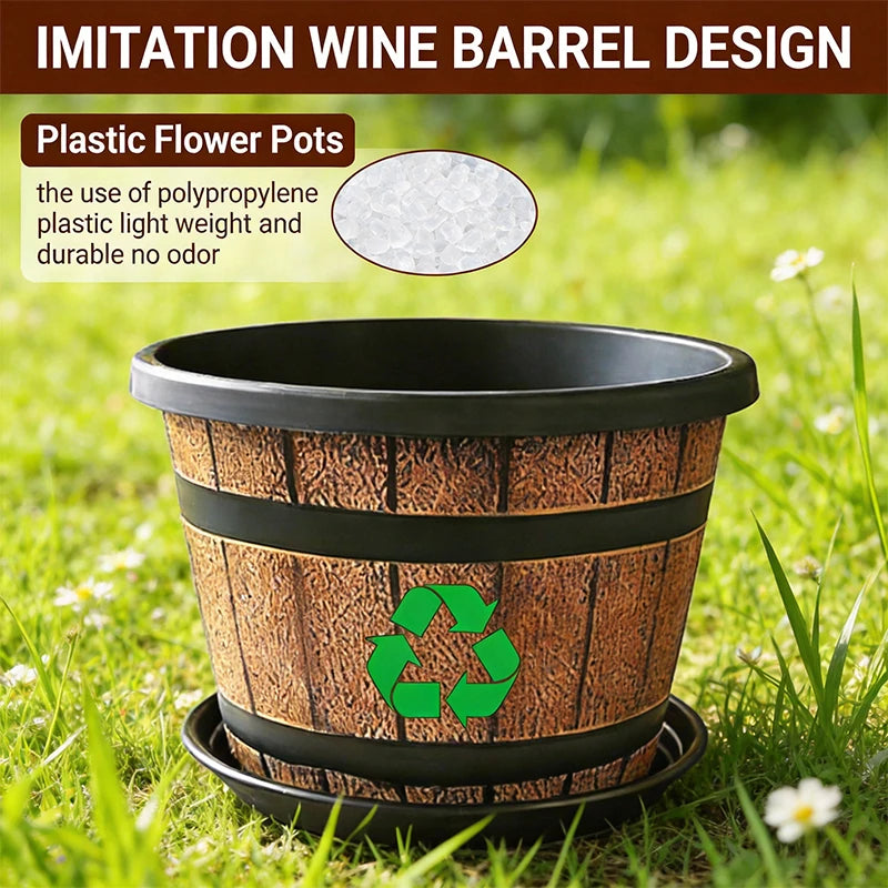 Resin Wooden Barrel Plant Planter For Indoor Balcony Decor