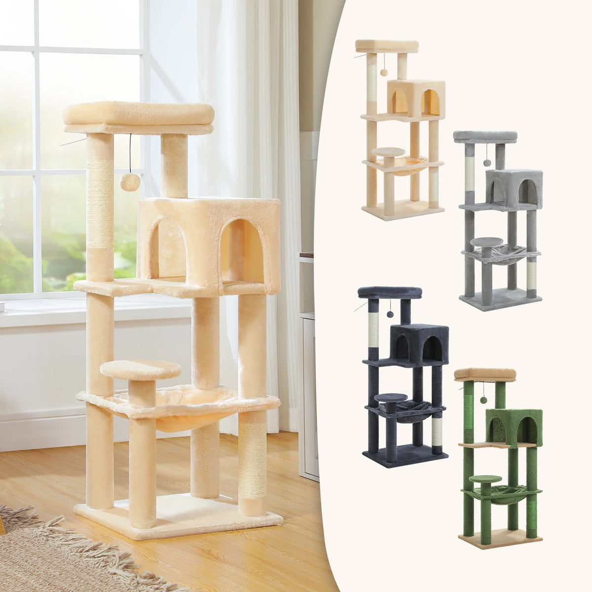 PEQULTI Five Tier Cat Tree With Hammock And Sisal Post