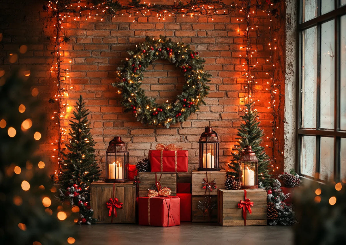 Christmas Background Happy New Year Party Xmas Tree Brick Wall Decoration Adult Children Portrait Photo Backdrop Banner