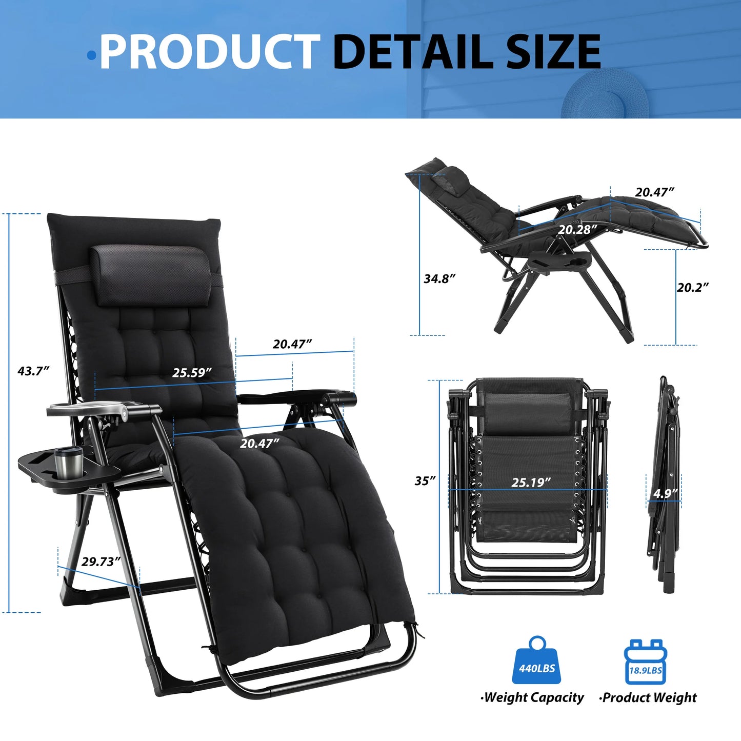 MCQ Zero Gravity Outdoor Folding Lounge Chair Cup Holder