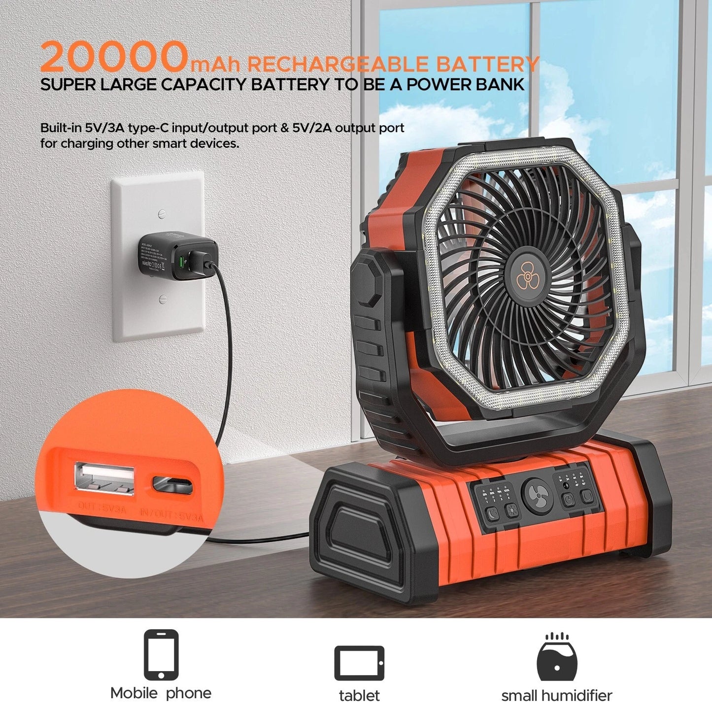 Camping Fan 20000mAh Battery Powered Tent Fan With LED Light