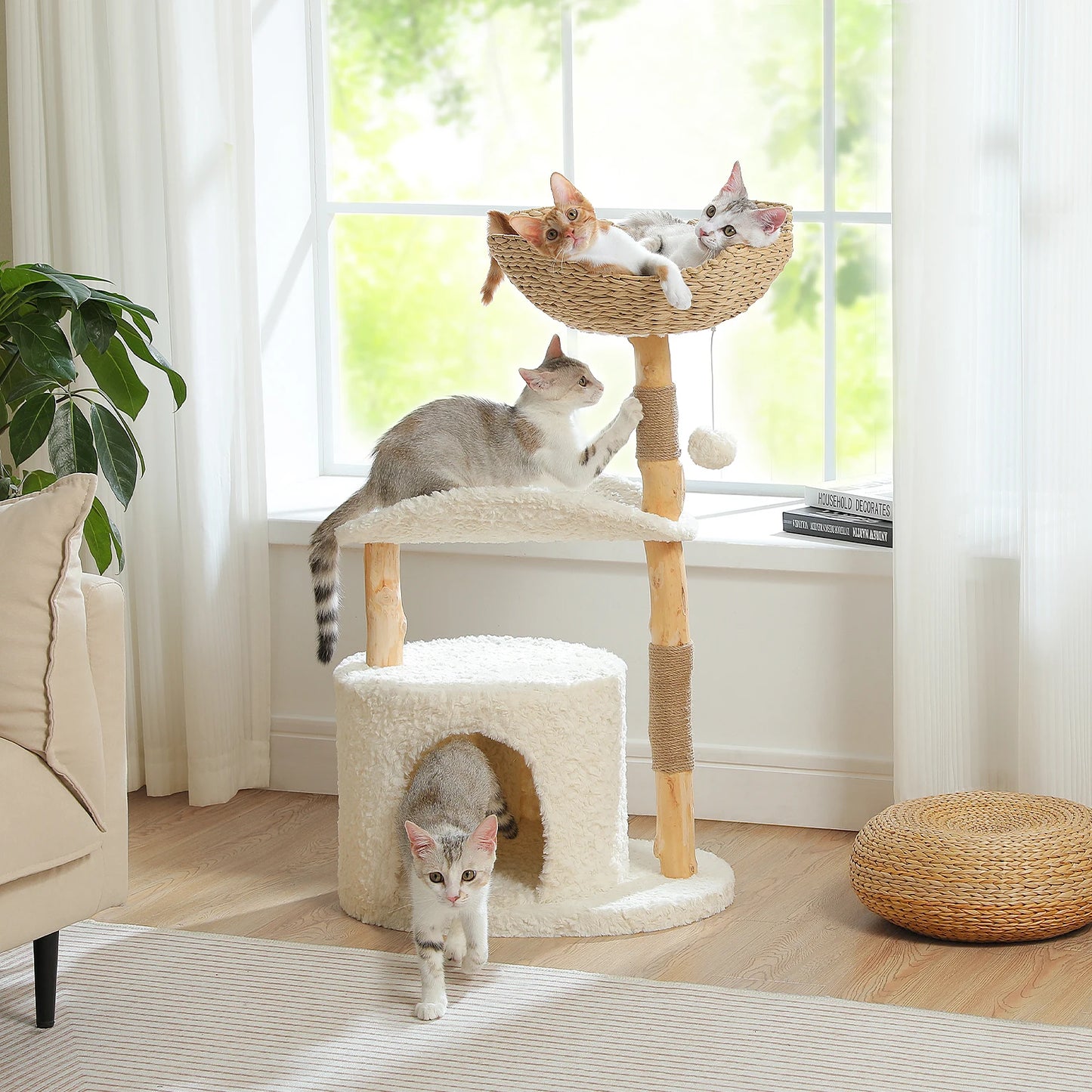 Pawz Road Modern Cat Tree With Solid Wood Wicker Basket