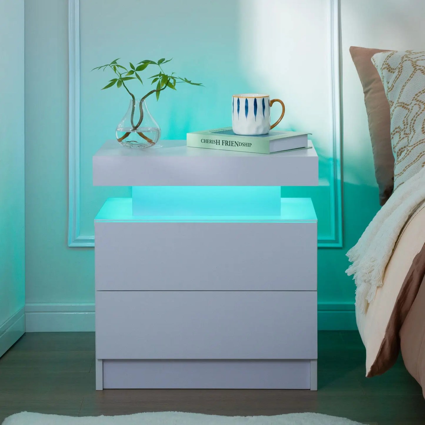 Cubehom Nightstand Set Of 2 With LED Drawers Bedside Tables