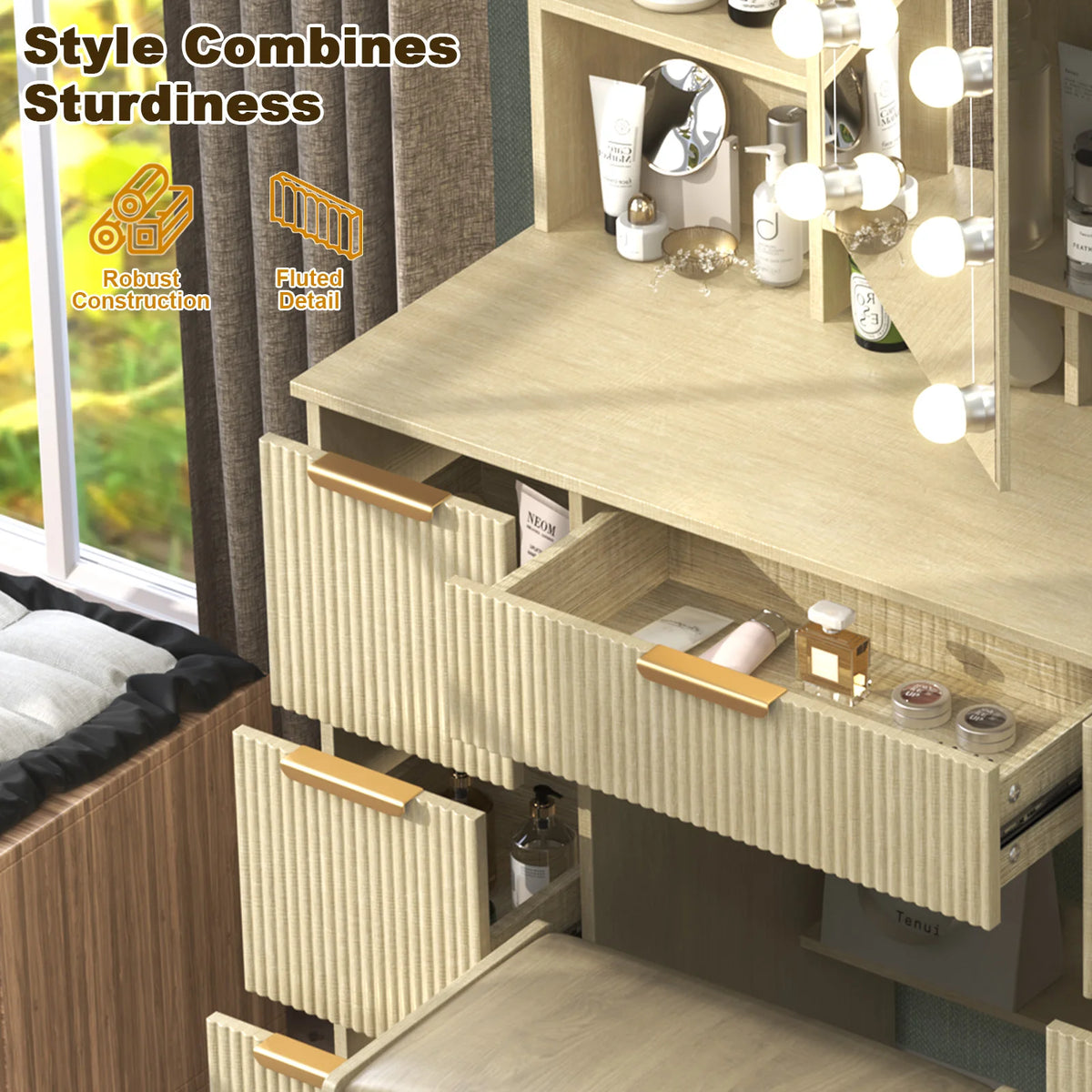 Teousev Makeup Vanity Desk With LED Mirror And Stool