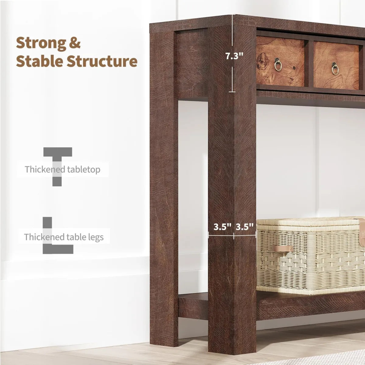 Farmhouse Wooden Console Table With Drawers And Shelf