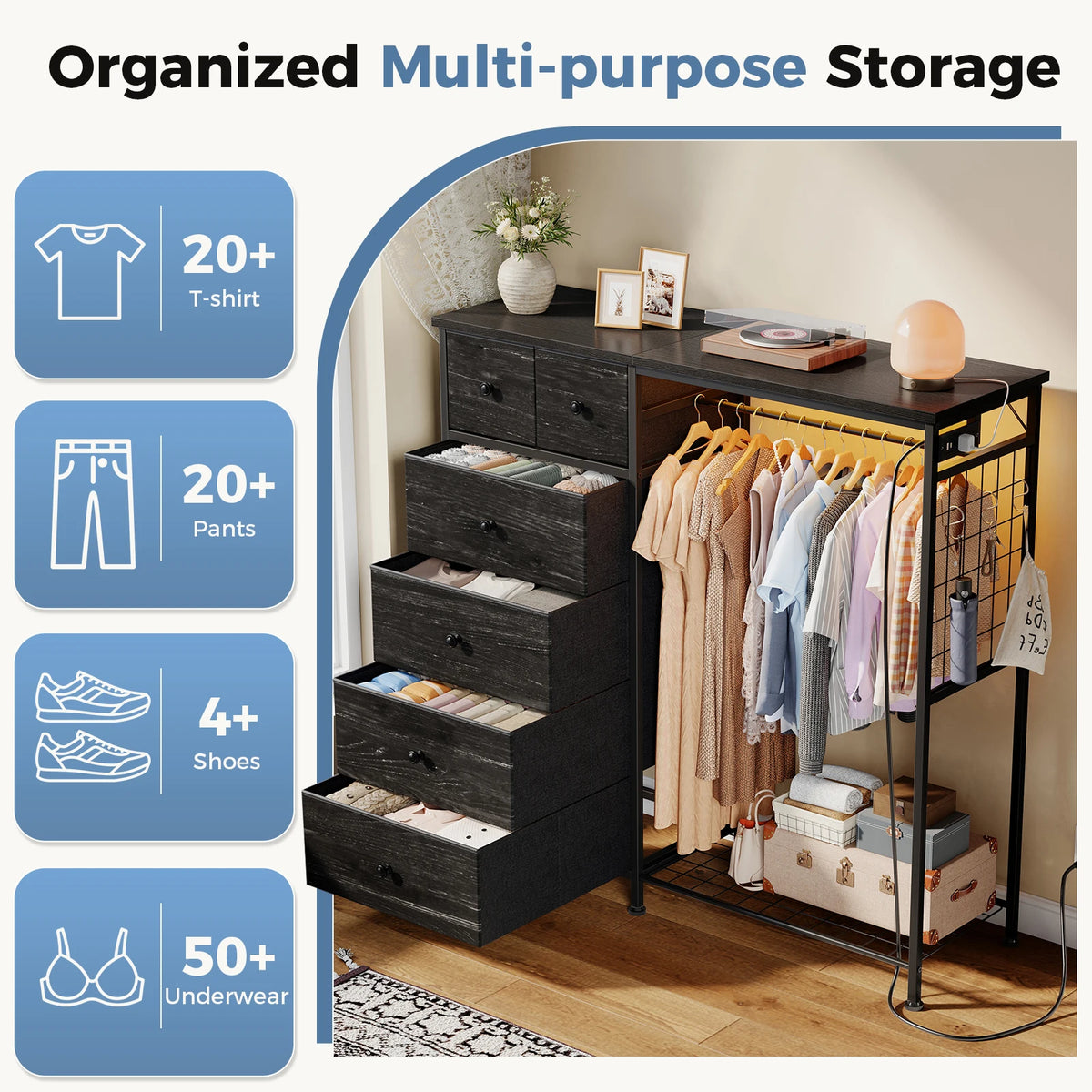 JHK Fabric Dresser With Charging Station And LED Lights