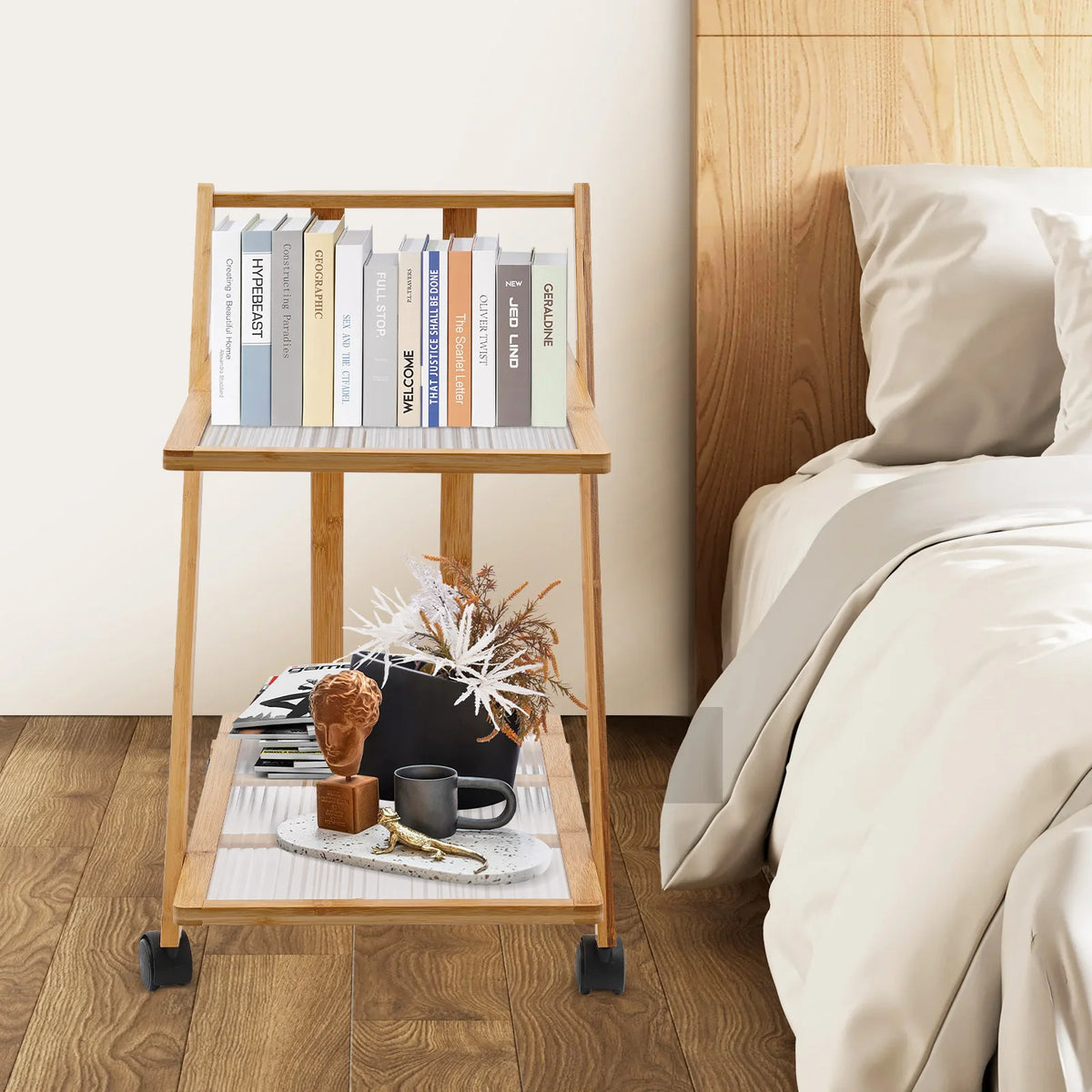 Bymaocar Two Tier Rolling Bamboo Storage Cart