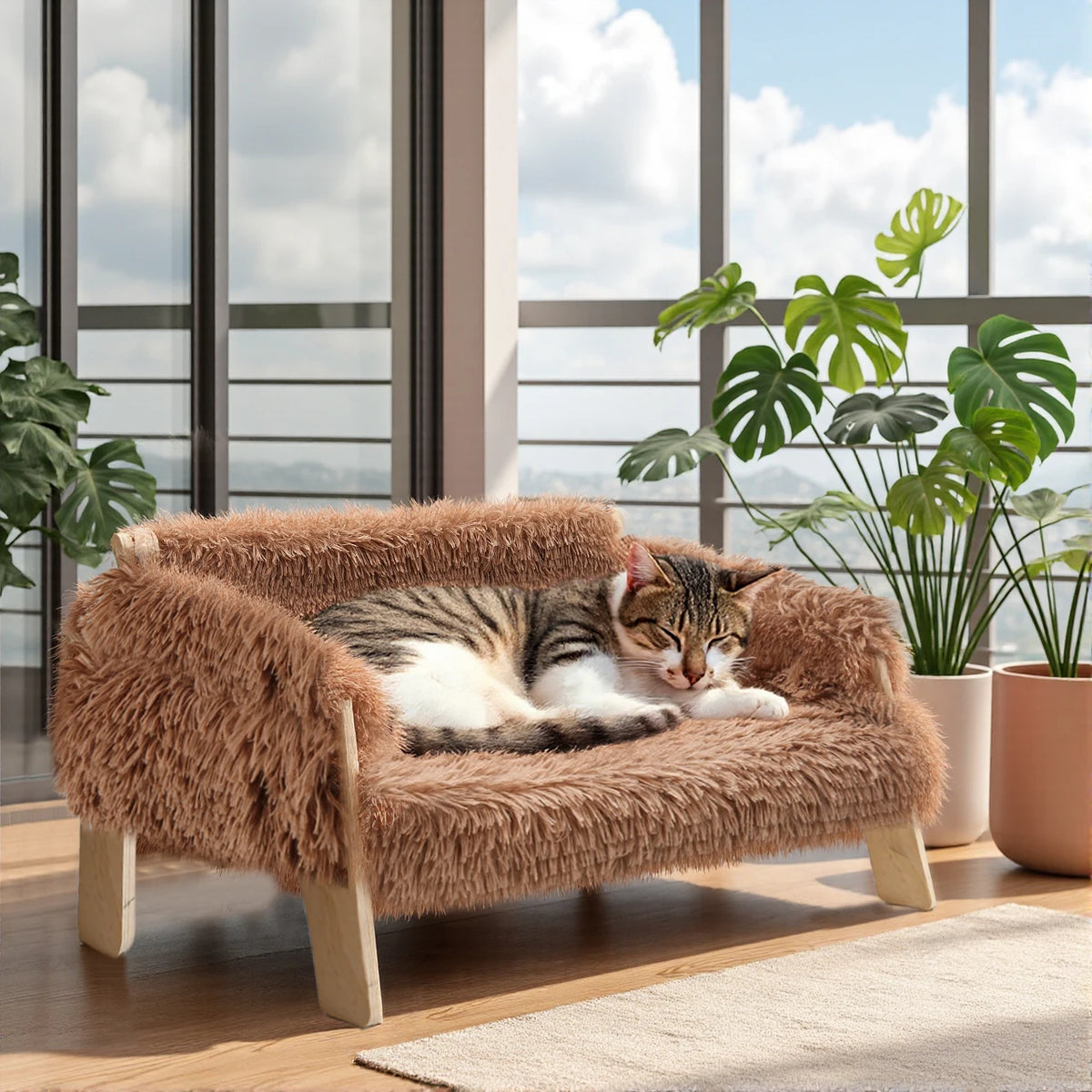Raised Wooden Leg Cat Sofa Bed For Indoor Cats Plush