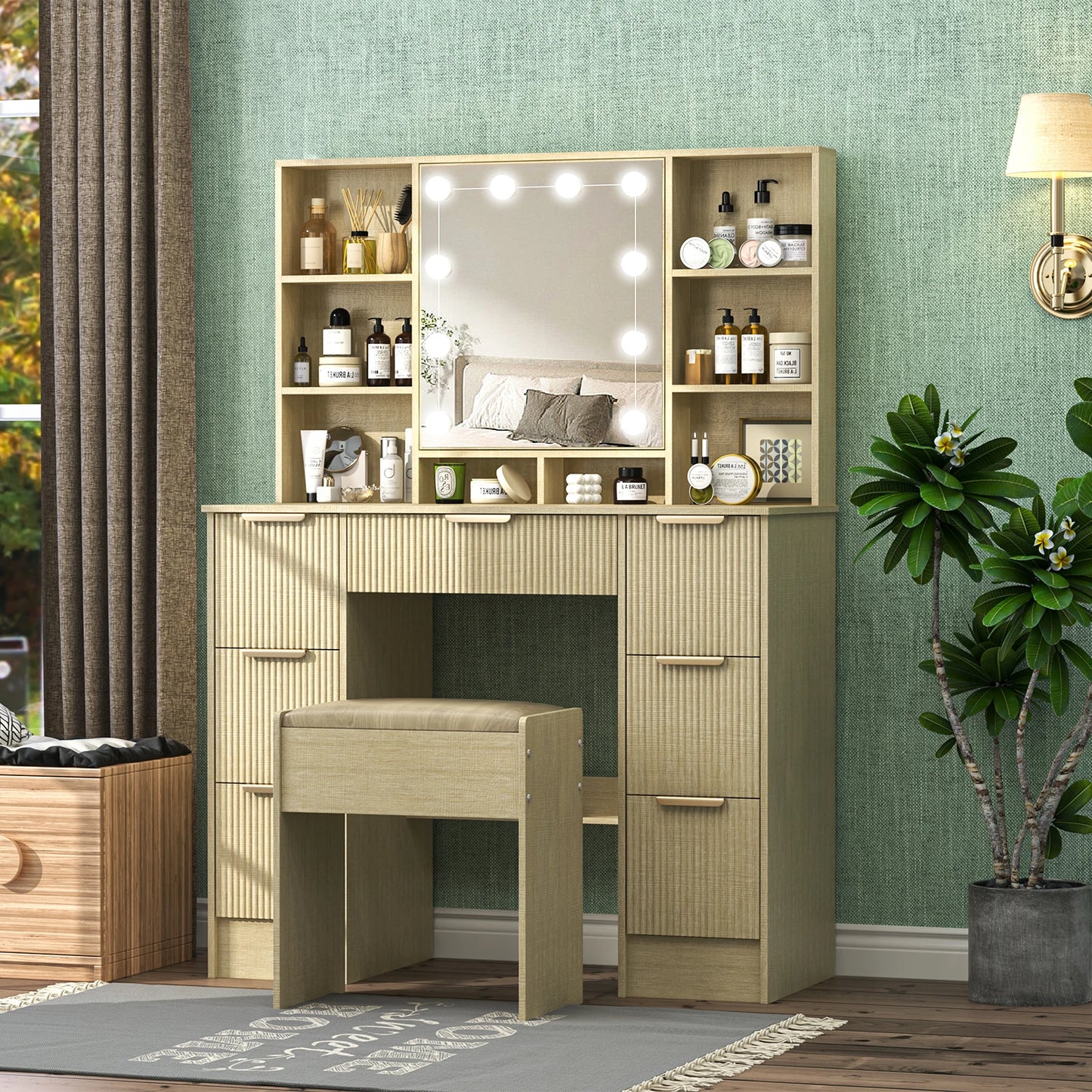 Teousev Makeup Vanity Desk With LED Mirror And Stool