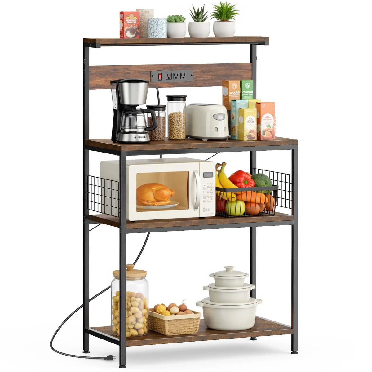 JHK Kitchen Bakers Rack Power Outlet Microwave Stand