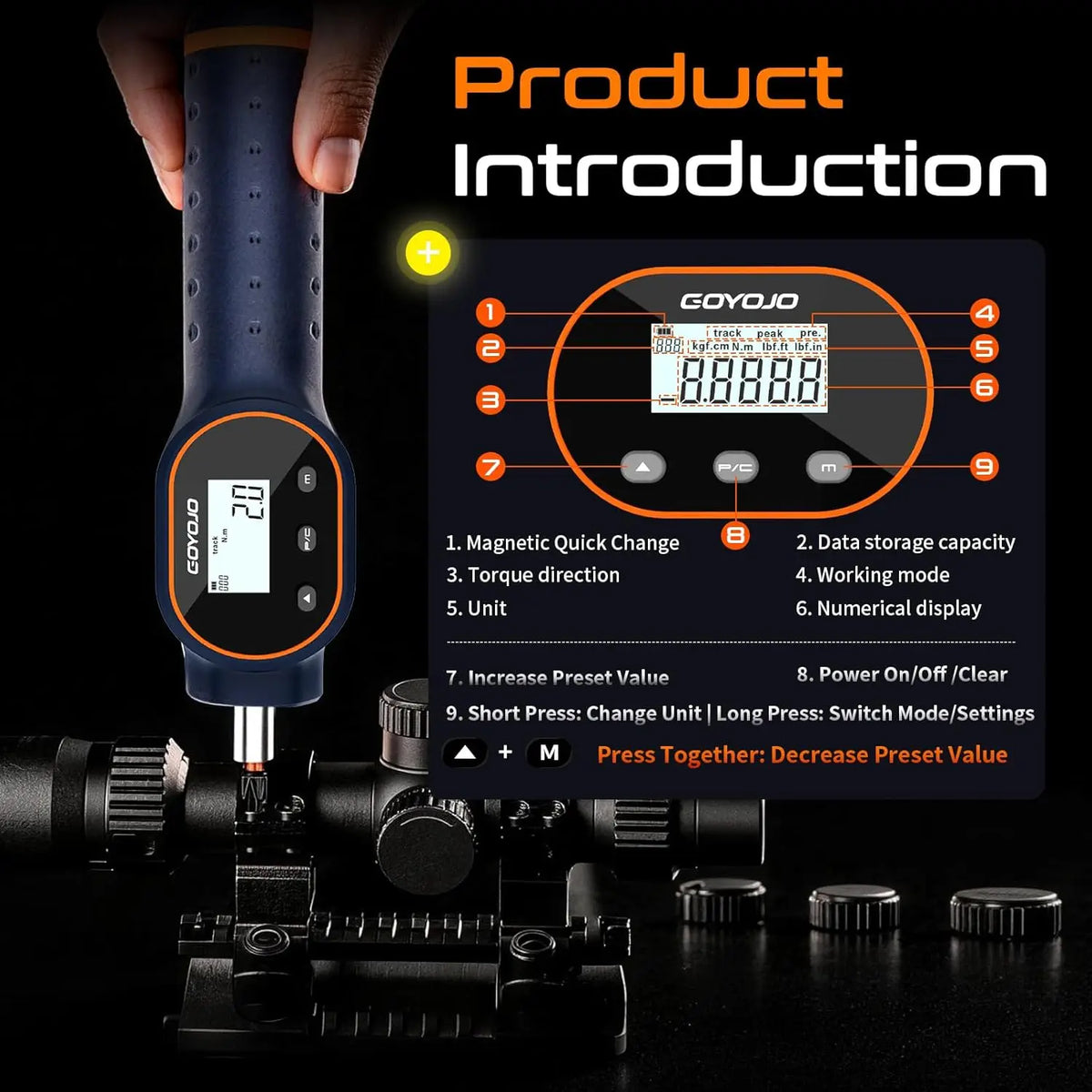GOYOJO Digital Torque Screwdriver 7.08–70.8 In-lb / 0.8–8 Nm, 1/4' Adjustable Torque Screwdriver Set with Buzzer & Magnetic Bits, 999 Data Storage, for Gunsmithing, Electronics, and Mounting