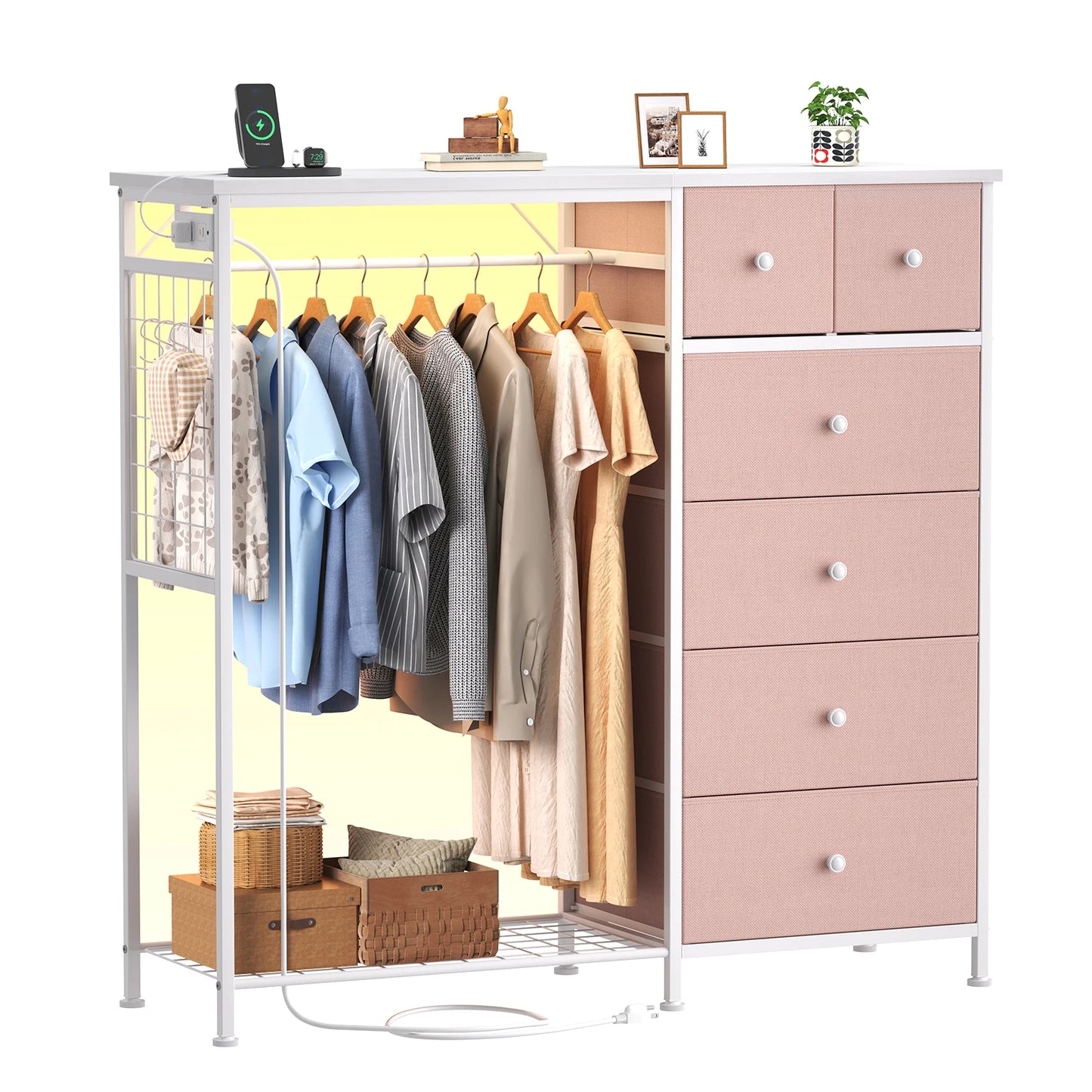 JHK Fabric Dresser With Charging Station And LED Lights