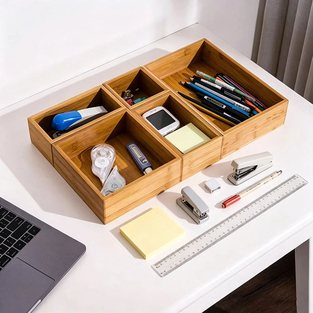 Natural Bamboo Drawer Organizer Set With Dividers And Mats