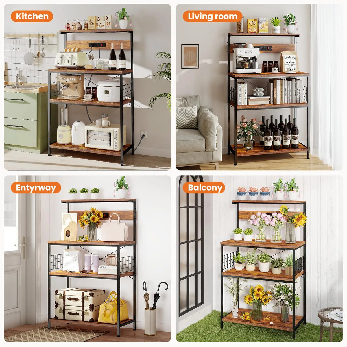 JHK Kitchen Bakers Rack Power Outlet Microwave Stand