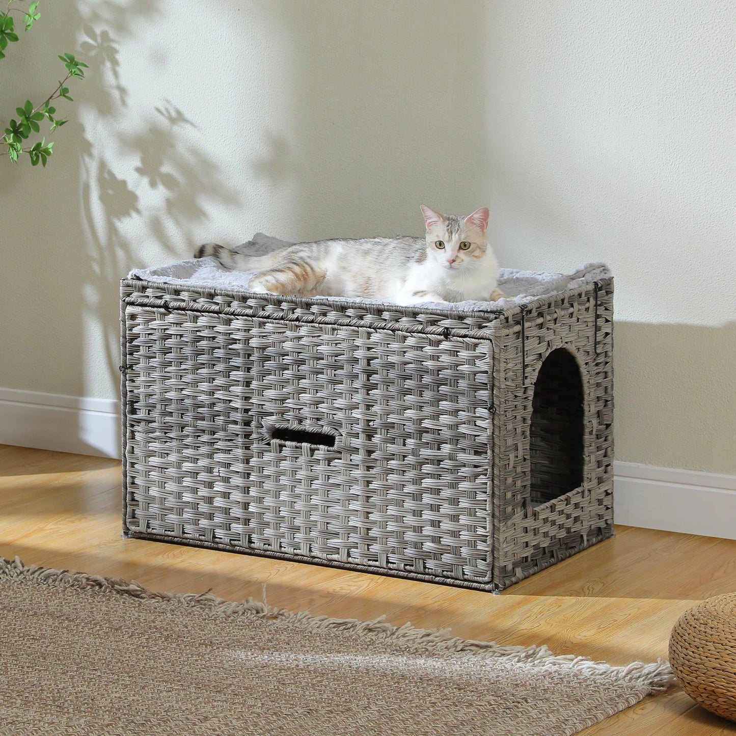 PEQULTI Rattan Cat Litter Box Enclosure With Flip Up Door