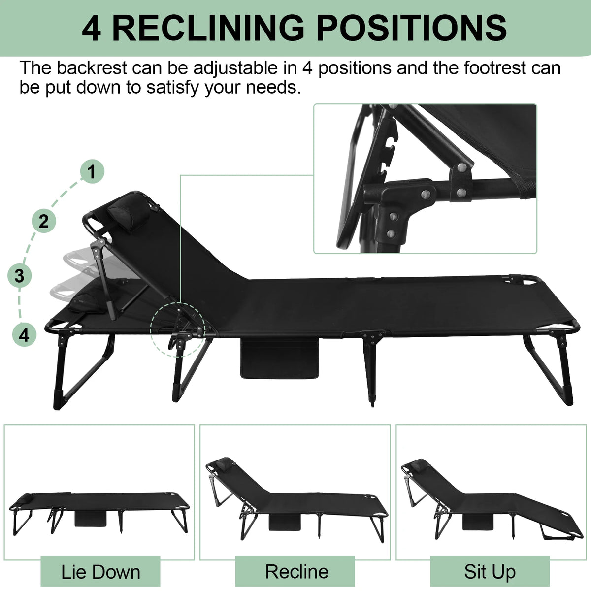Portable Folding Camping Cot 3 Position Adjustable Lounger