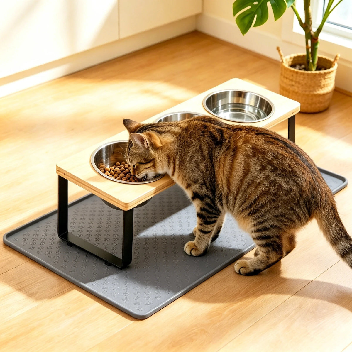 Elevated Cat Feeder With 3 Bowls And Tilted Bamboo Stand