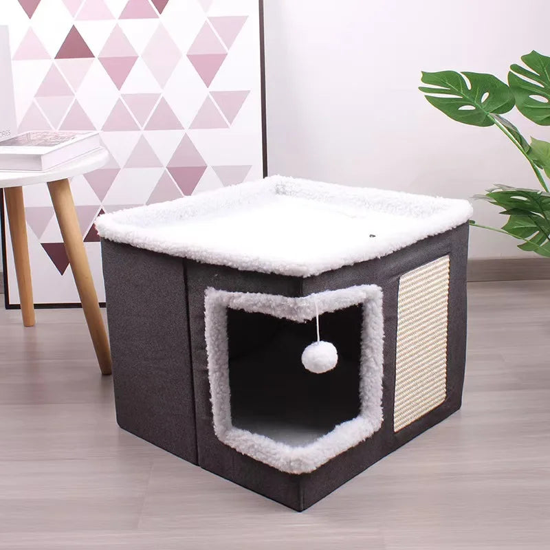 Foldable Cat Cave Bed With Scratching Pad And Fluffy Ball