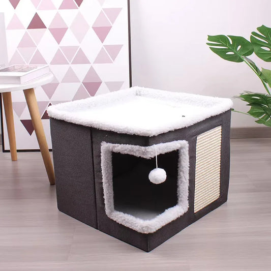 Foldable Cat Cave Bed With Scratching Pad And Fluffy Ball