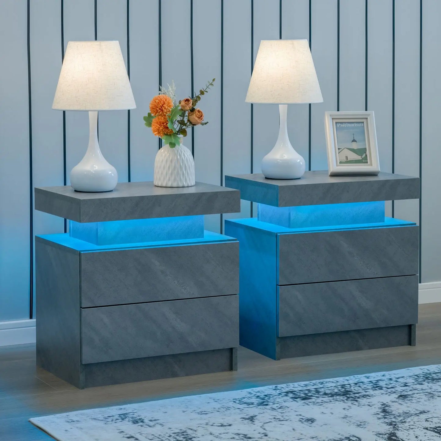 Cubehom Nightstand Set Of 2 With LED Drawers Bedside Tables