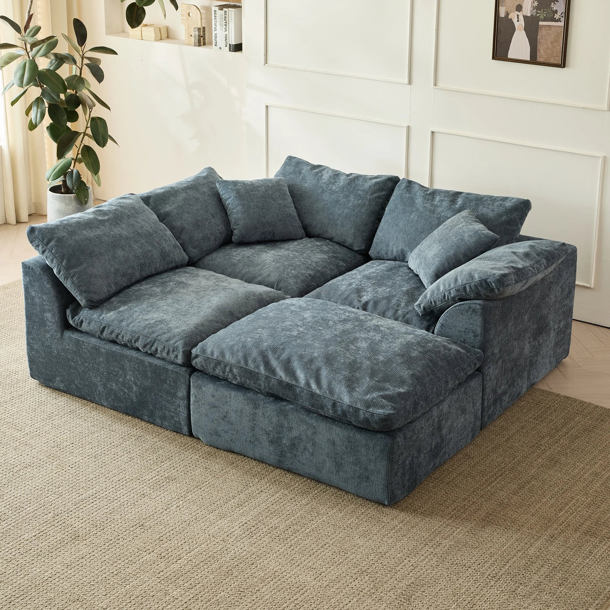 109" Modern Cloud L-Shaped 3-Seater Oversized Deep Seat Chenille Fabric Sofa Blue Modular Sectional with Ottoman