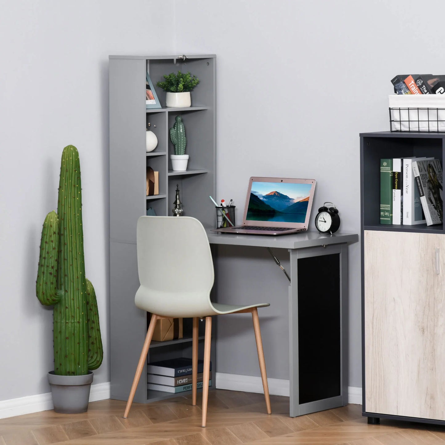 Homcom Fold-Out Convertible Office Desk, Wall Mount Computer Desk with Blackboard and Side Shelf, Charcoal Gray