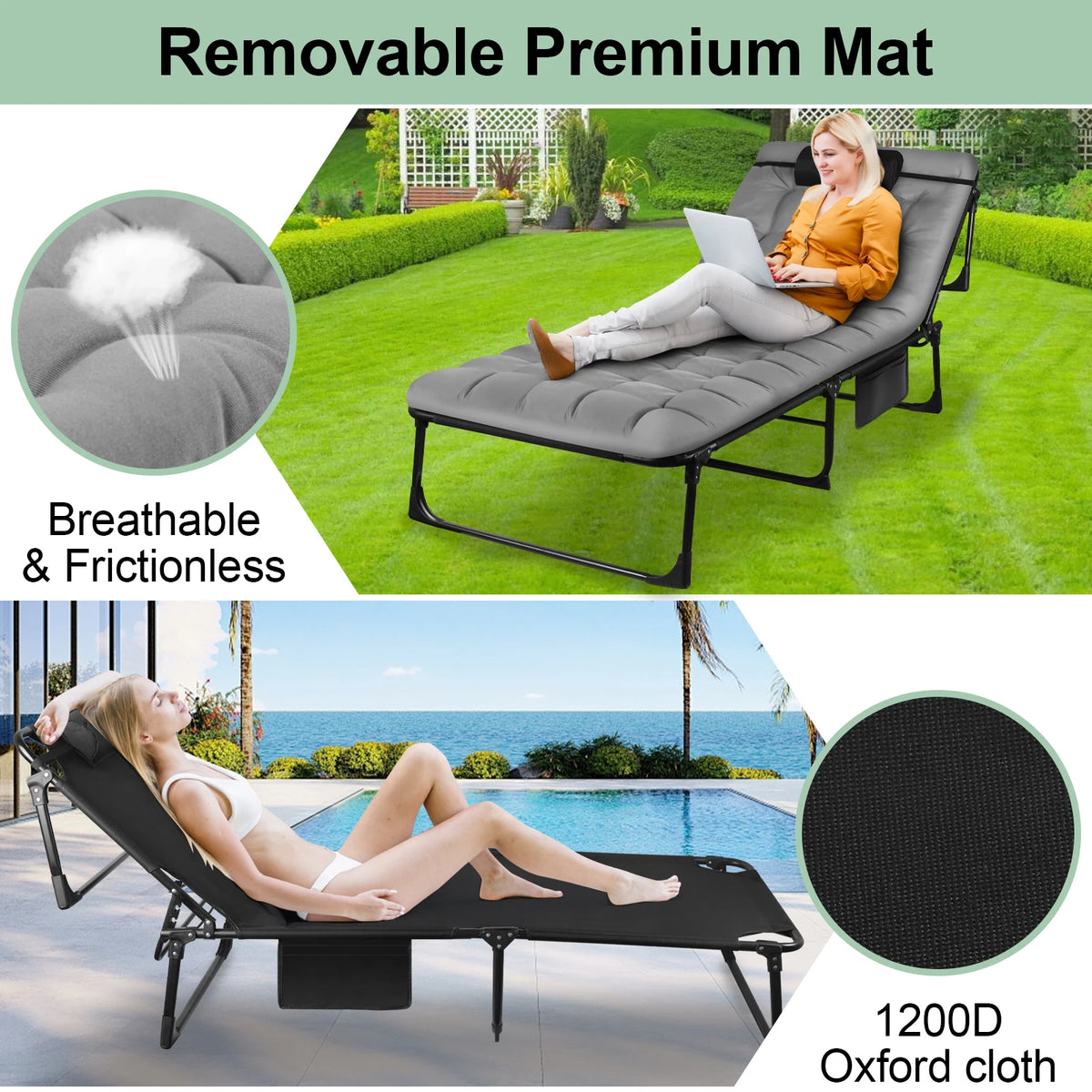 Portable Folding Camping Cot 3 Position Adjustable Lounger