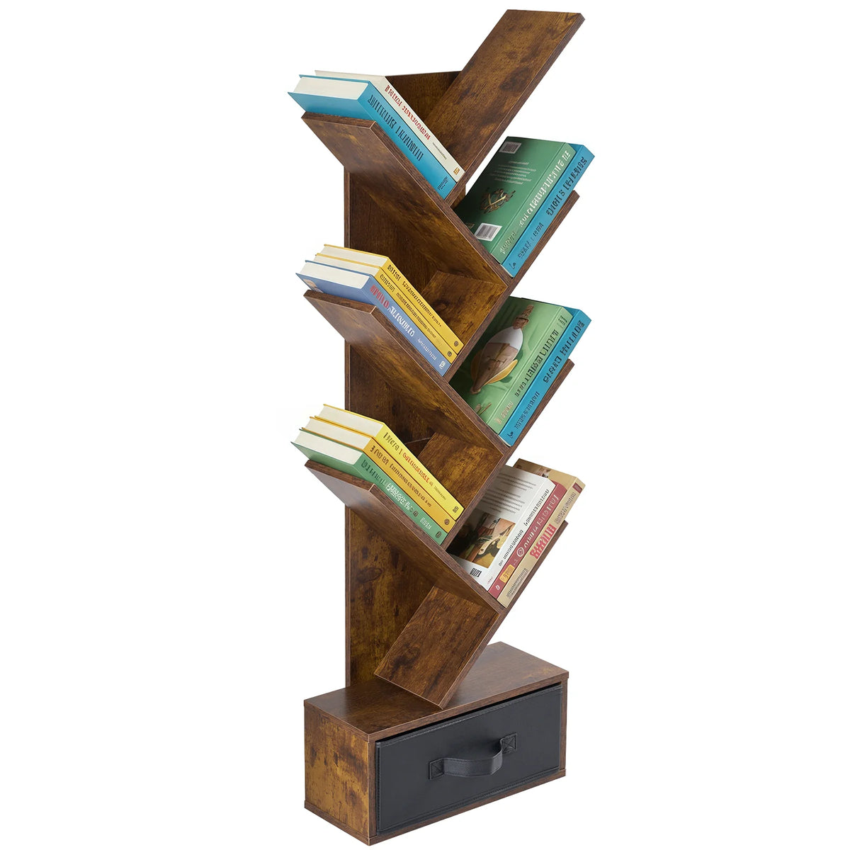 JHK 43IN Geometric Wooden Book Rack 7-Tier Tree Bookshelf Bookcase with Drawer Slim Corner Bookshelf for Home Small Spaces