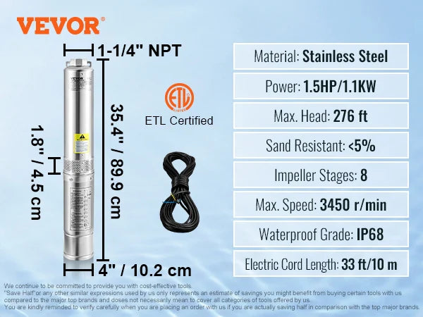 SucceBuy Stainless Steel Deep Well Submersible Pump