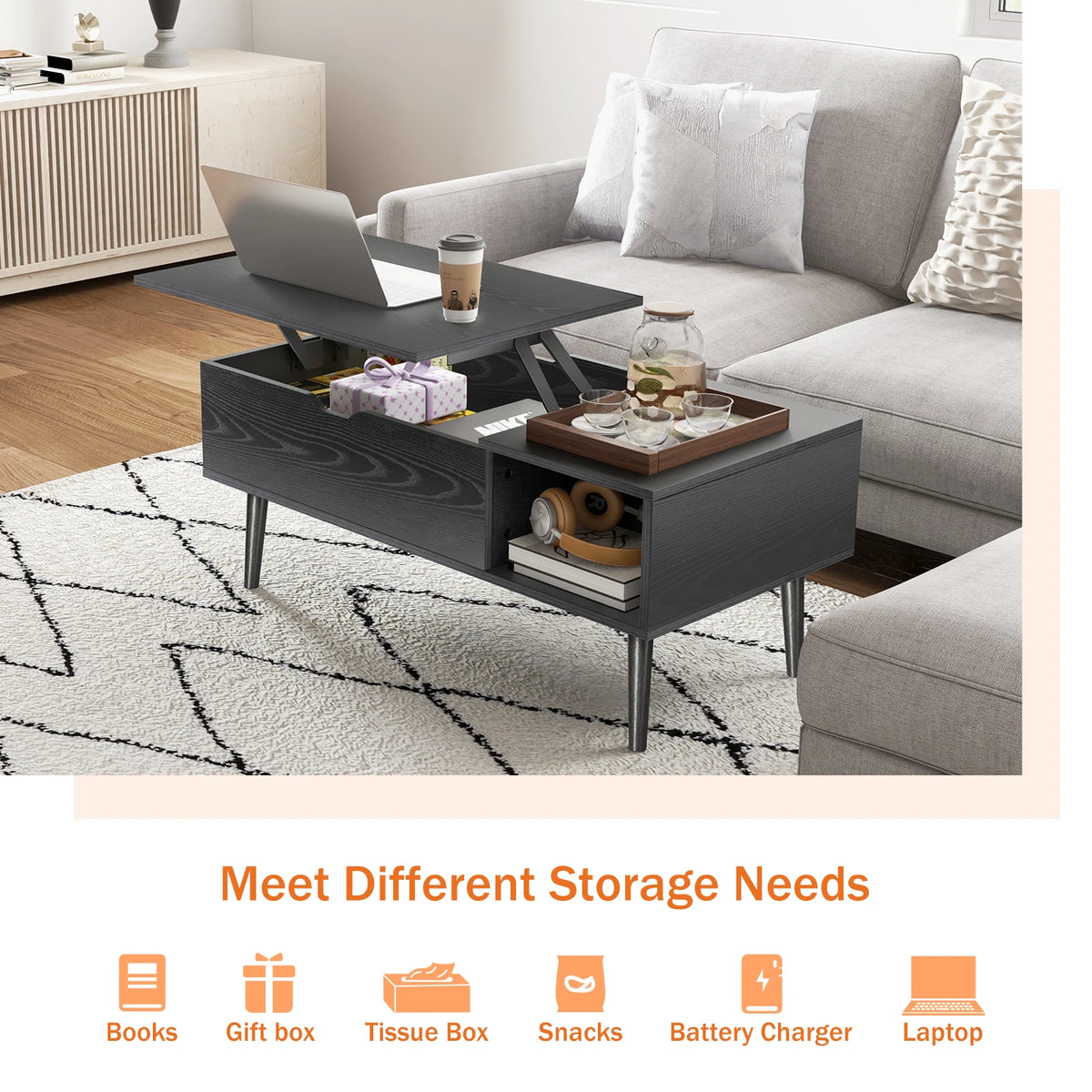 JHK Lift Top Coffee Table With Storage Shelf