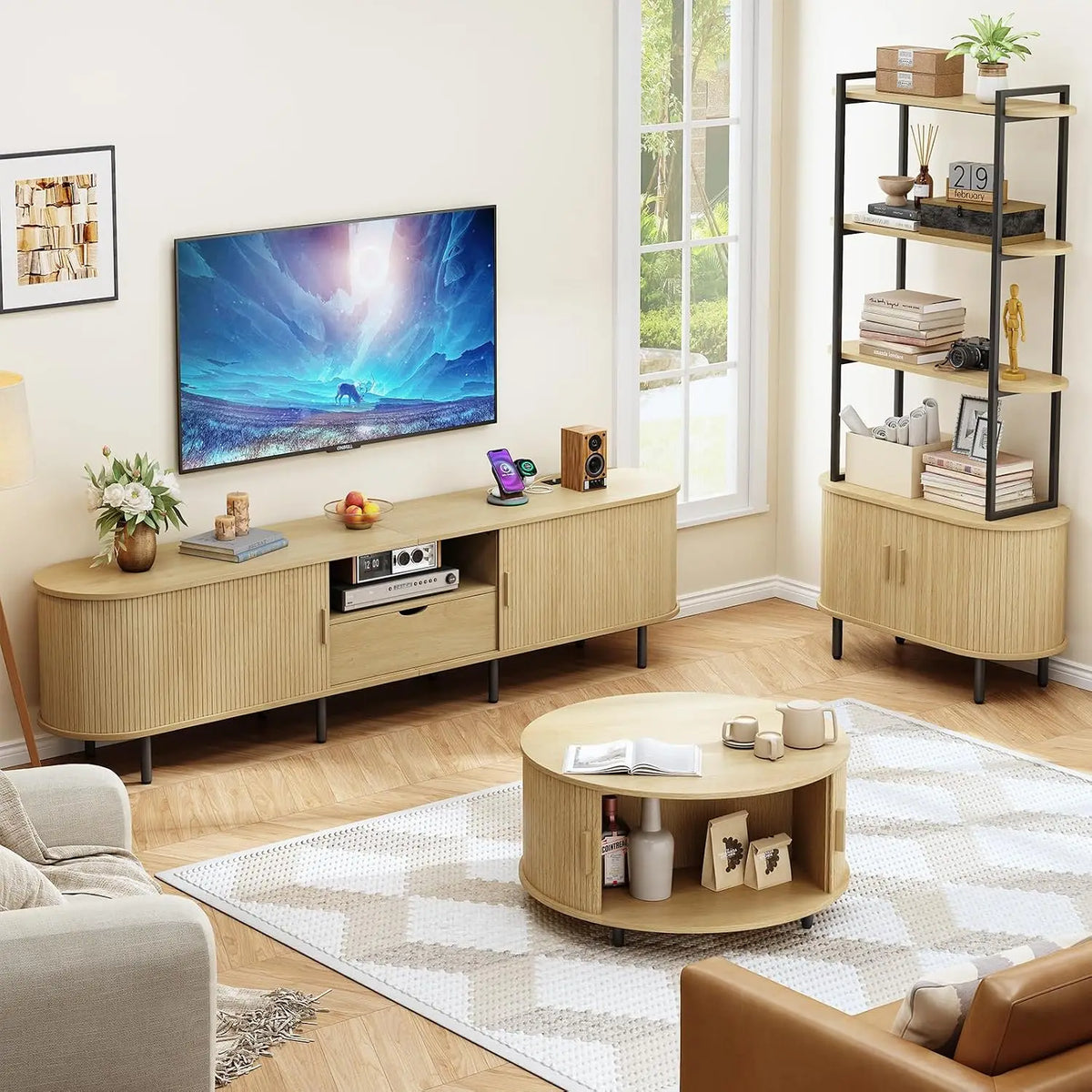 ONBRILL Mid Century Wood TV Stand With Power Outlets