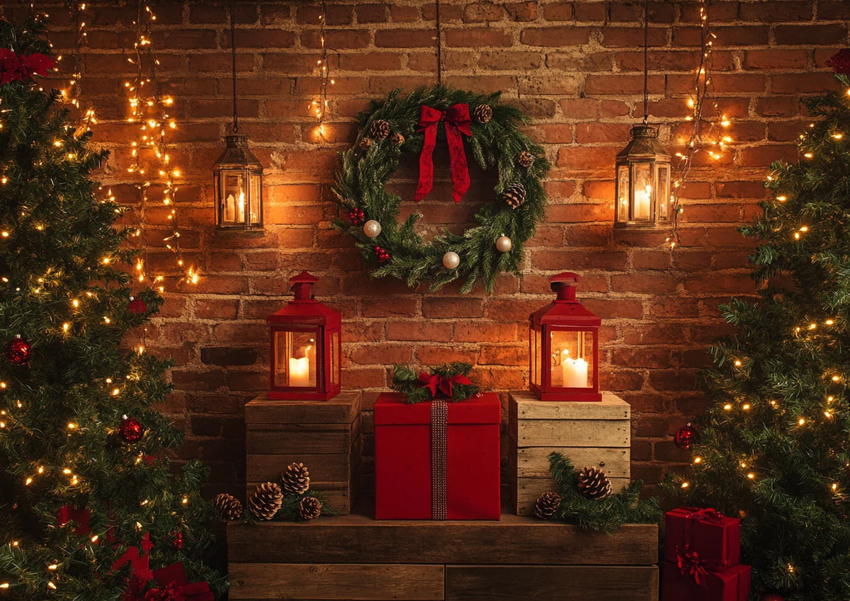 Christmas Background Happy New Year Party Xmas Tree Brick Wall Decoration Adult Children Portrait Photo Backdrop Banner