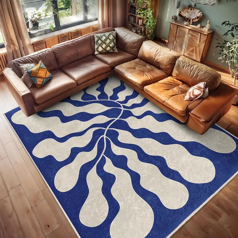Flowing Blue Ripple Area Rug Abstract Organic Design Modern Square Carpet  Home Accent