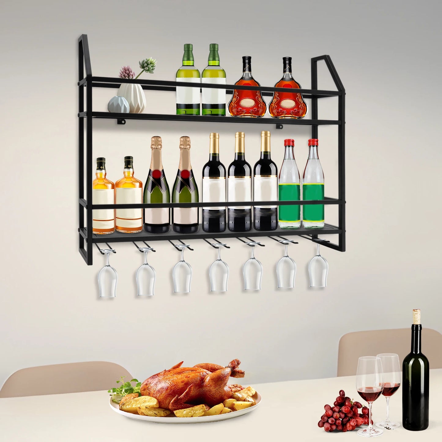 Wall Mounted Wine Rack With Goblet Holder And Shelf