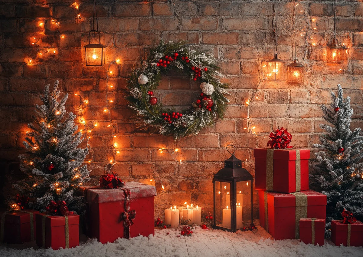 Christmas Background Happy New Year Party Xmas Tree Brick Wall Decoration Adult Children Portrait Photo Backdrop Banner