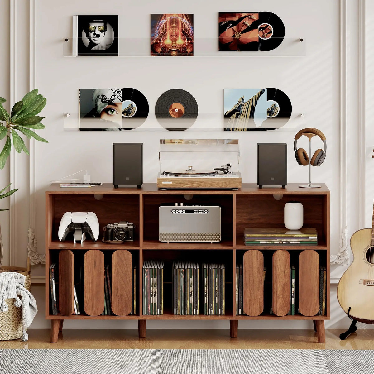 HiMISS Vinyl Record Storage Cabinet With Charging Station