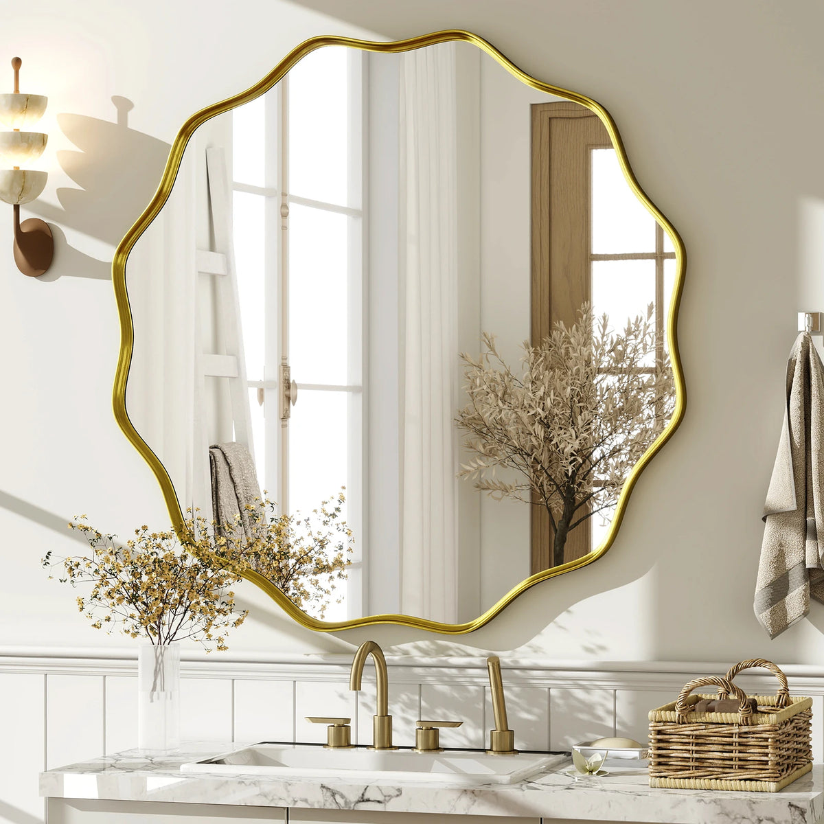 Wavy Round Bathroom Mirror Decorative Wall Mirror with Deep Frame