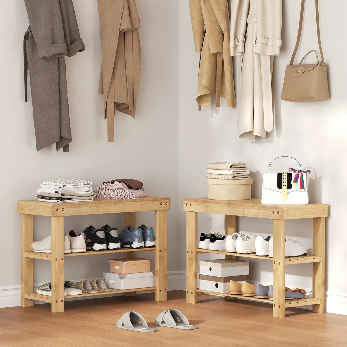 MCQ Three Tier Bamboo Shoe Cabinet With Bench