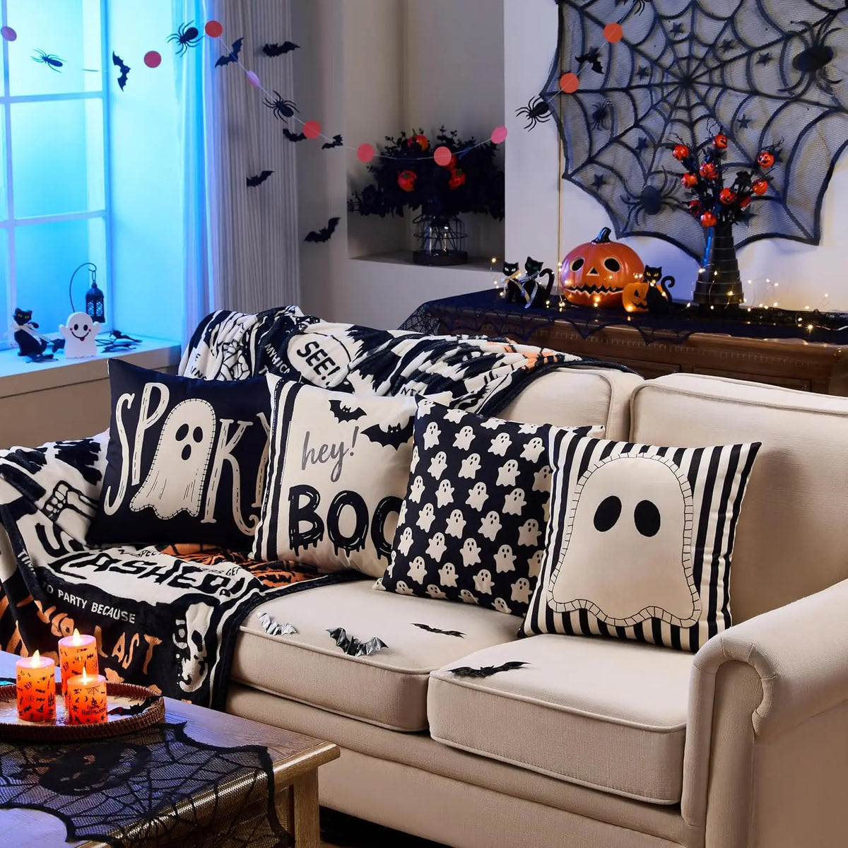Halloween Ghost Bat Striped Sofa Pillow Covers